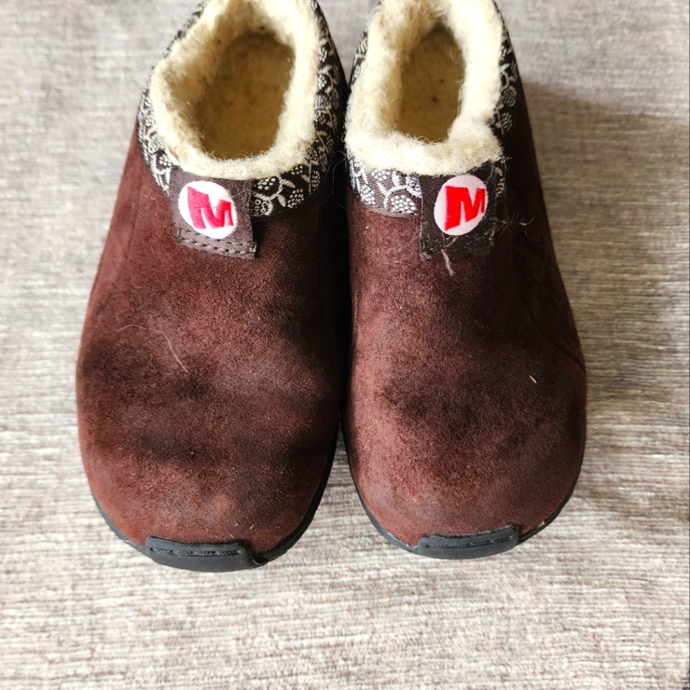 Merrell Kids Encore Chill Slides Brown Suede Slip Ons Faux Fur size 9